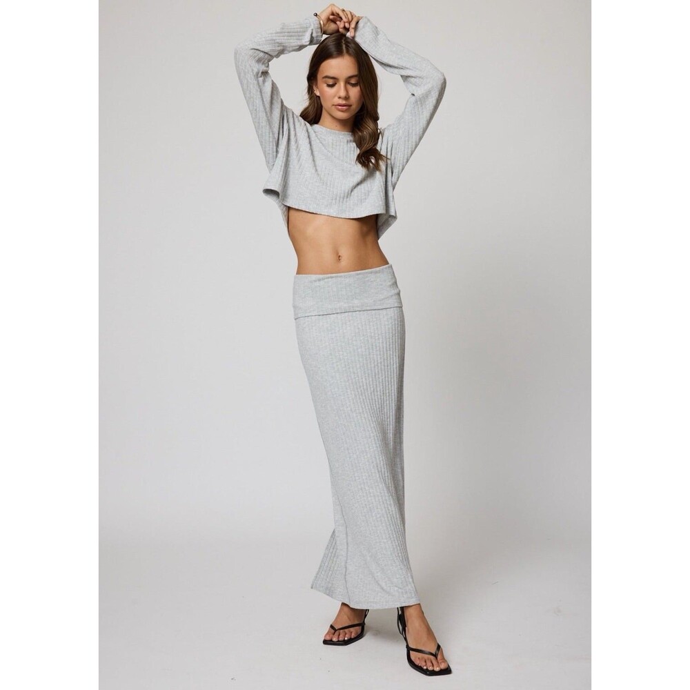 NWT Stillwater The Hygge Rib Fold Over Skirt Grey Womens Sz S MSRP $138 Maxi